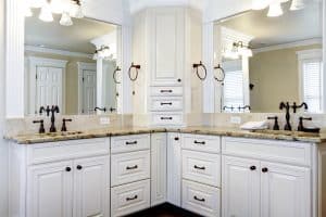 Luxury large white master bathroom cabinets with mirrors