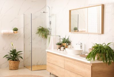 Stylish bathroom interior with countertop, shower stall and houseplants.